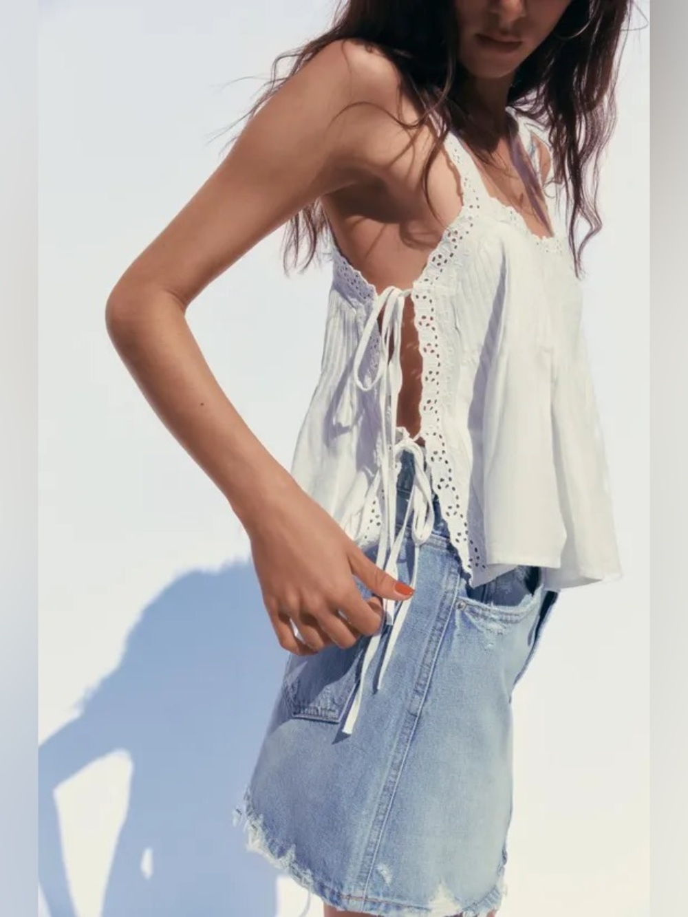 Zara White Lace-Trim Tie-Side Bohemian Tank Top - Women